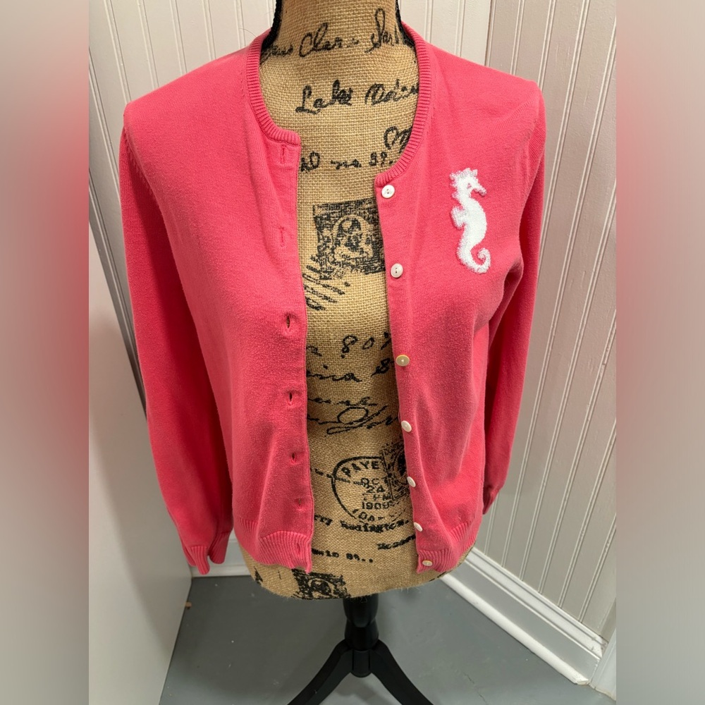Lands End Cardigan Womens Size small Pink Supima Cotton Knit Seahorse Beaded